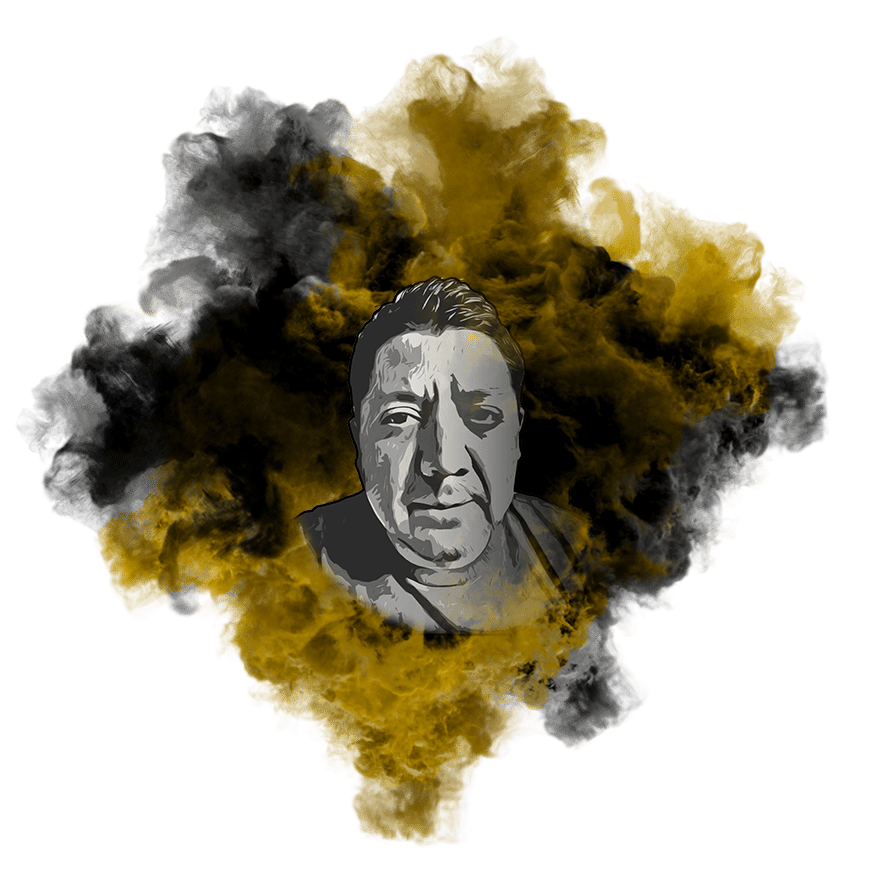 Abstract illustration of a man's face surrounded by a cloud of black and gold smoke.