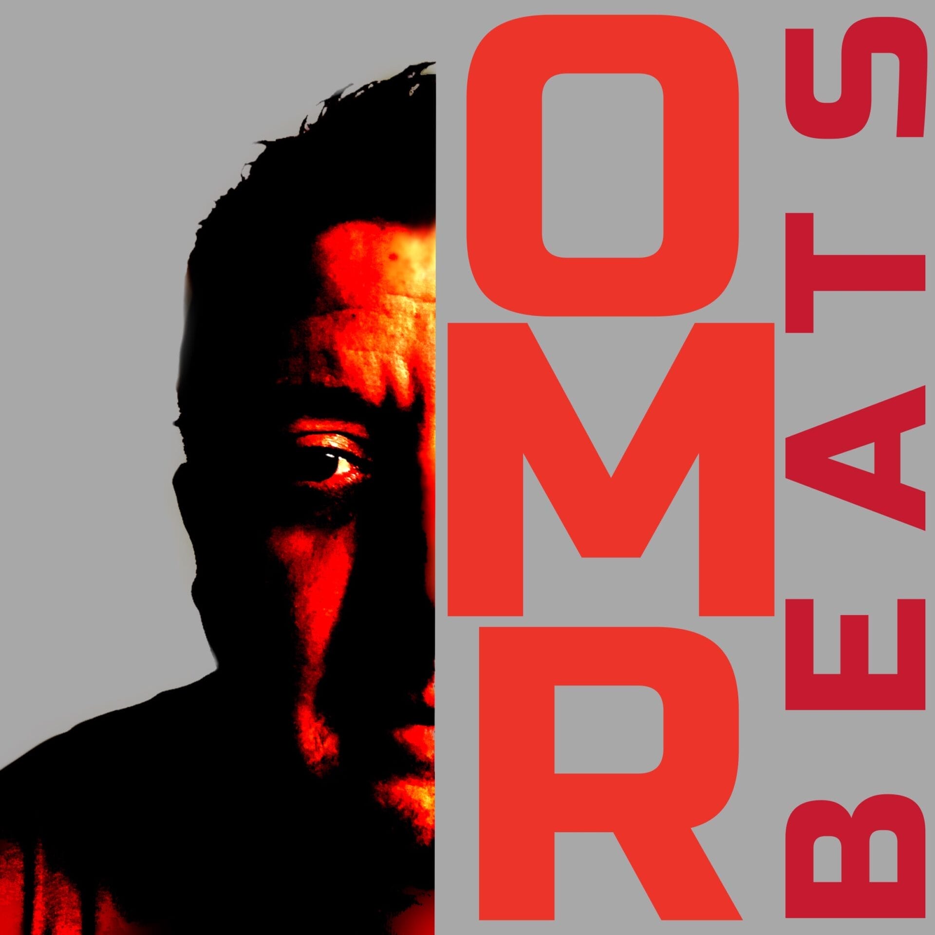 A digitally stylized image of a man's partially shadowed face with bold red letters "OMAR BEATS" vertically alongside him against a gray background.