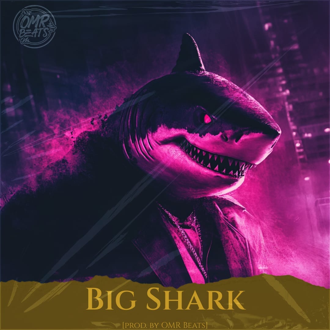 A digitally created humanoid shark wearing a suit, set against a neon-lit urban background. Text reads 