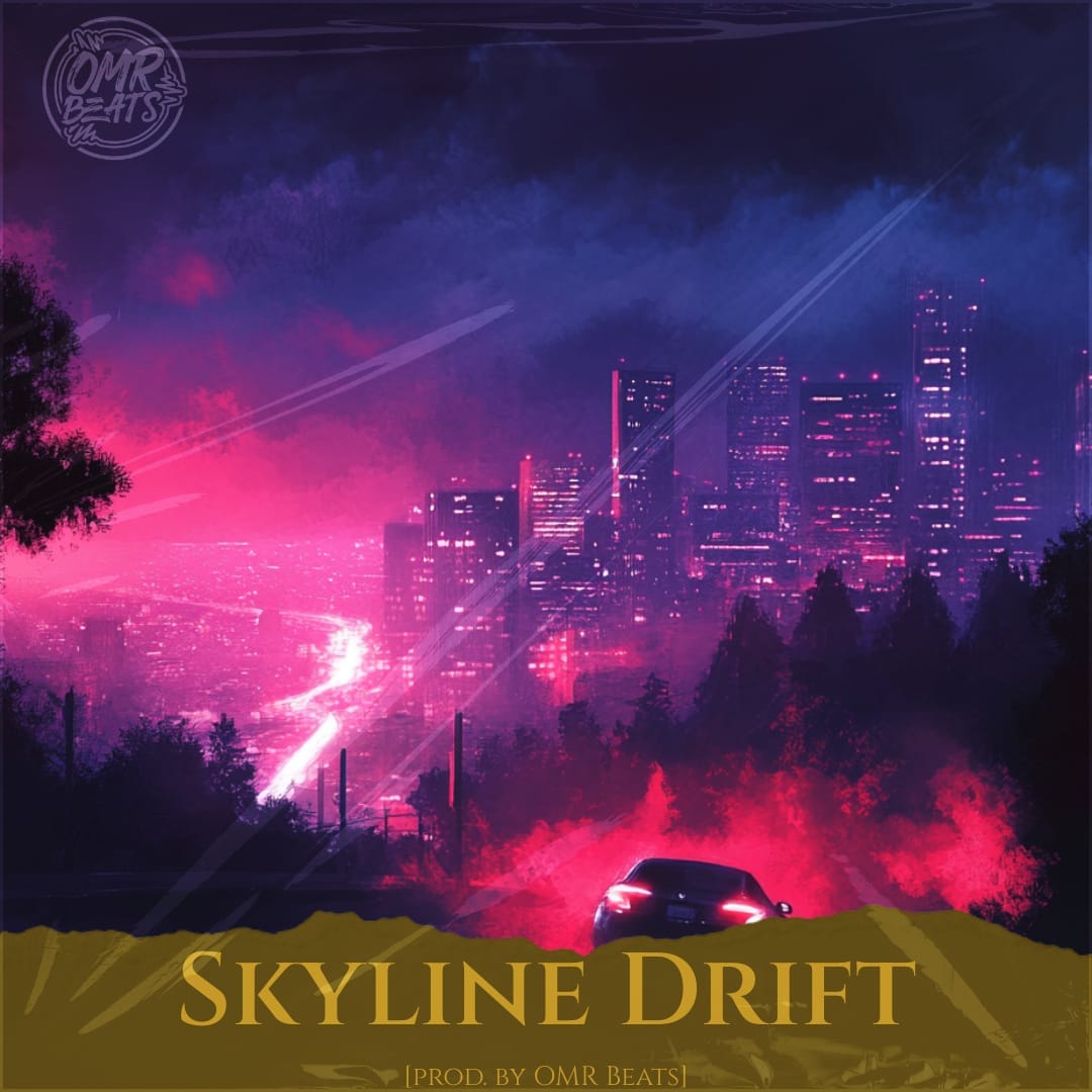 A car cruises along a road under a pink and purple sky illuminated by city lights, with hip-hop rhythms filling the atmosphere. Text: 