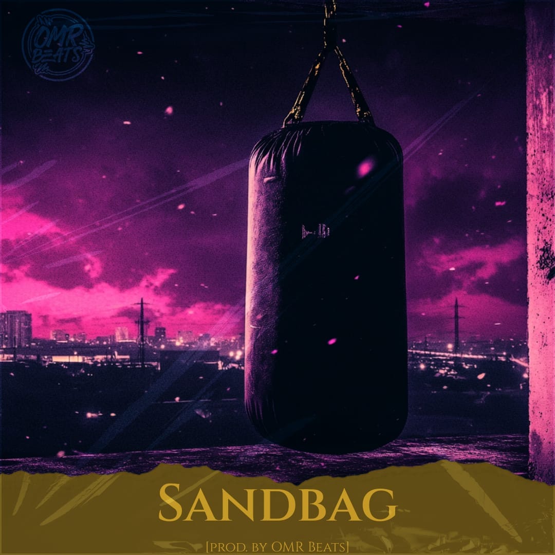 A sandbag is suspended against a backdrop of a purple-hued cityscape skyline at night, resonating with the rhythm of rap beats.