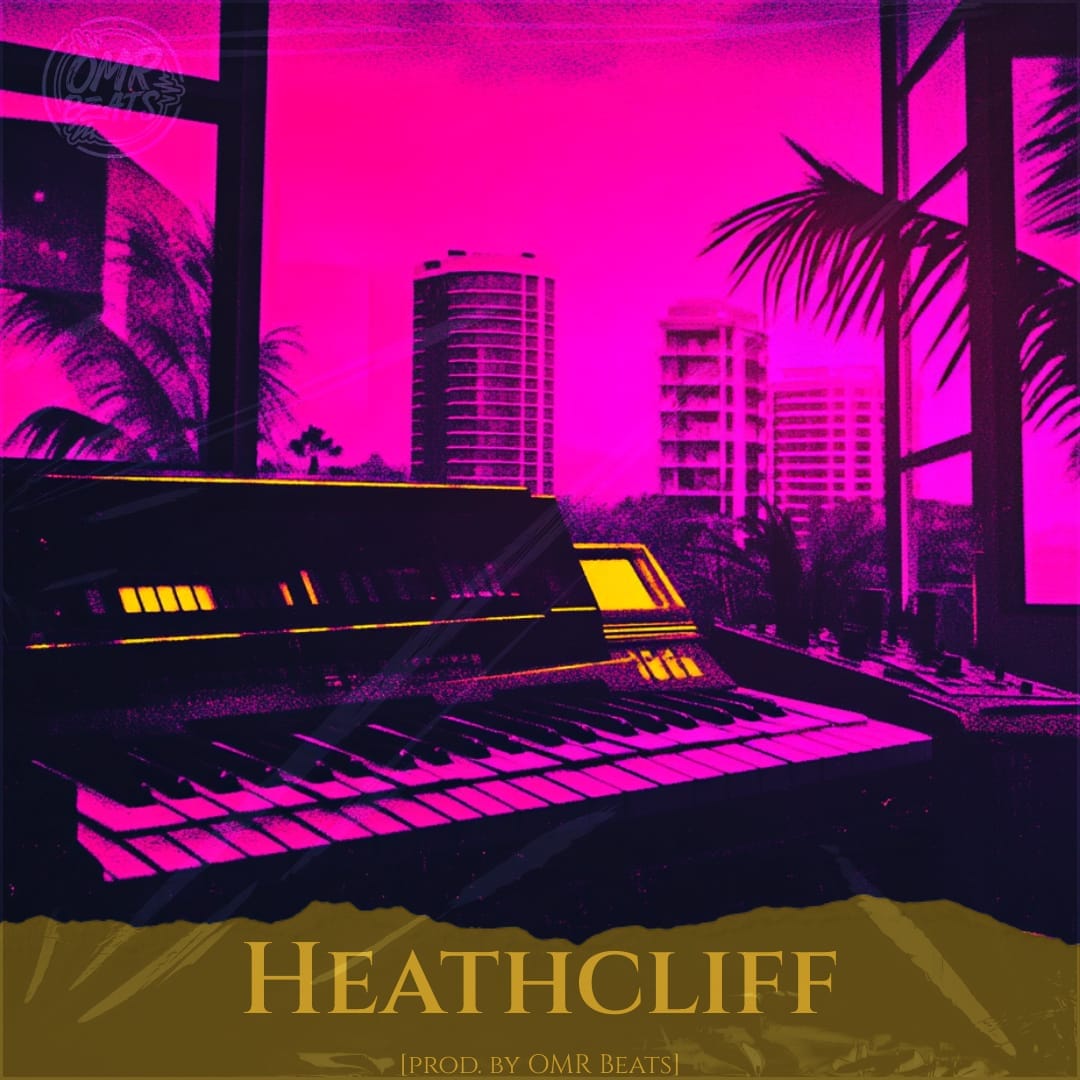 A lively digital illustration in pink and yellow features a synthesizer prominently, with contemporary buildings and palm trees set against the backdrop, all influenced by hip-hop rhythms. The text 