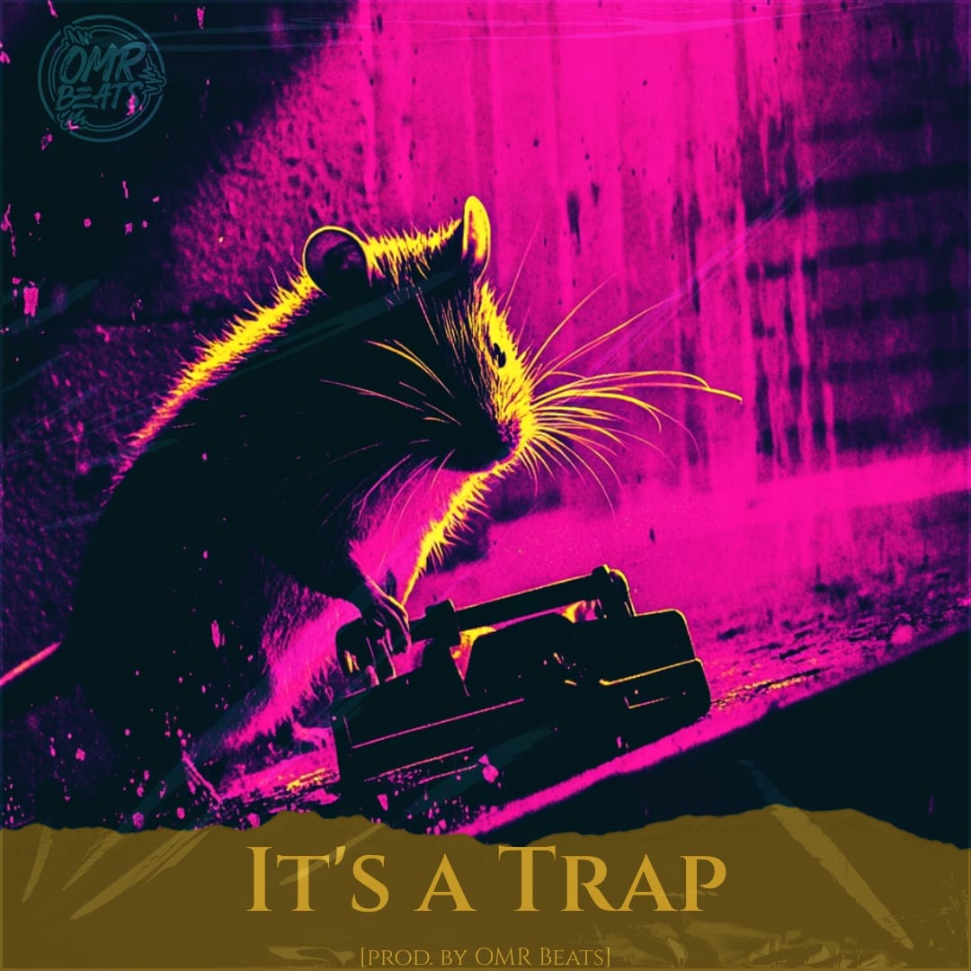 A silhouetted mouse cautiously approaches a trap bathed in vivid purple and pink light, with the text 