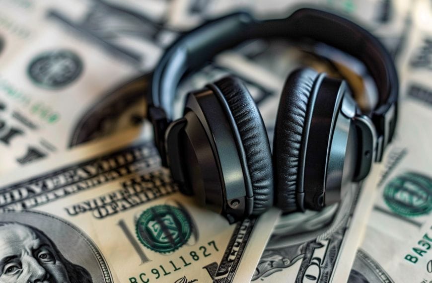 A pair of headphones rests on a spread of U.S. dollar bills.