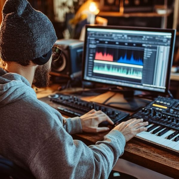Person wearing headphones is working at a music production workstation with a synthesizer, computer, and audio equipment in a dimly lit room.