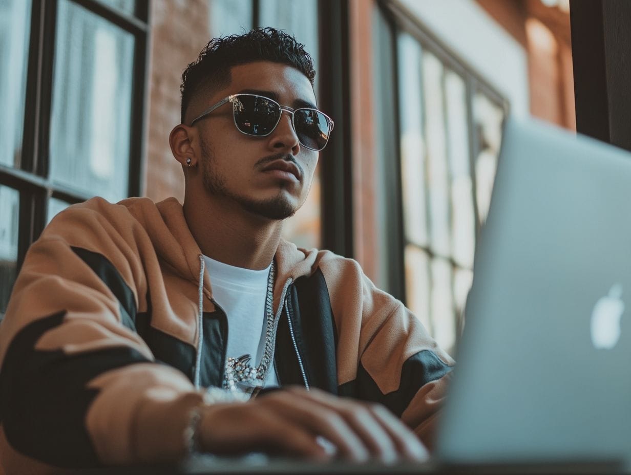 A person wearing sunglasses and a jacket sits at a table using a laptop in a well-lit room.