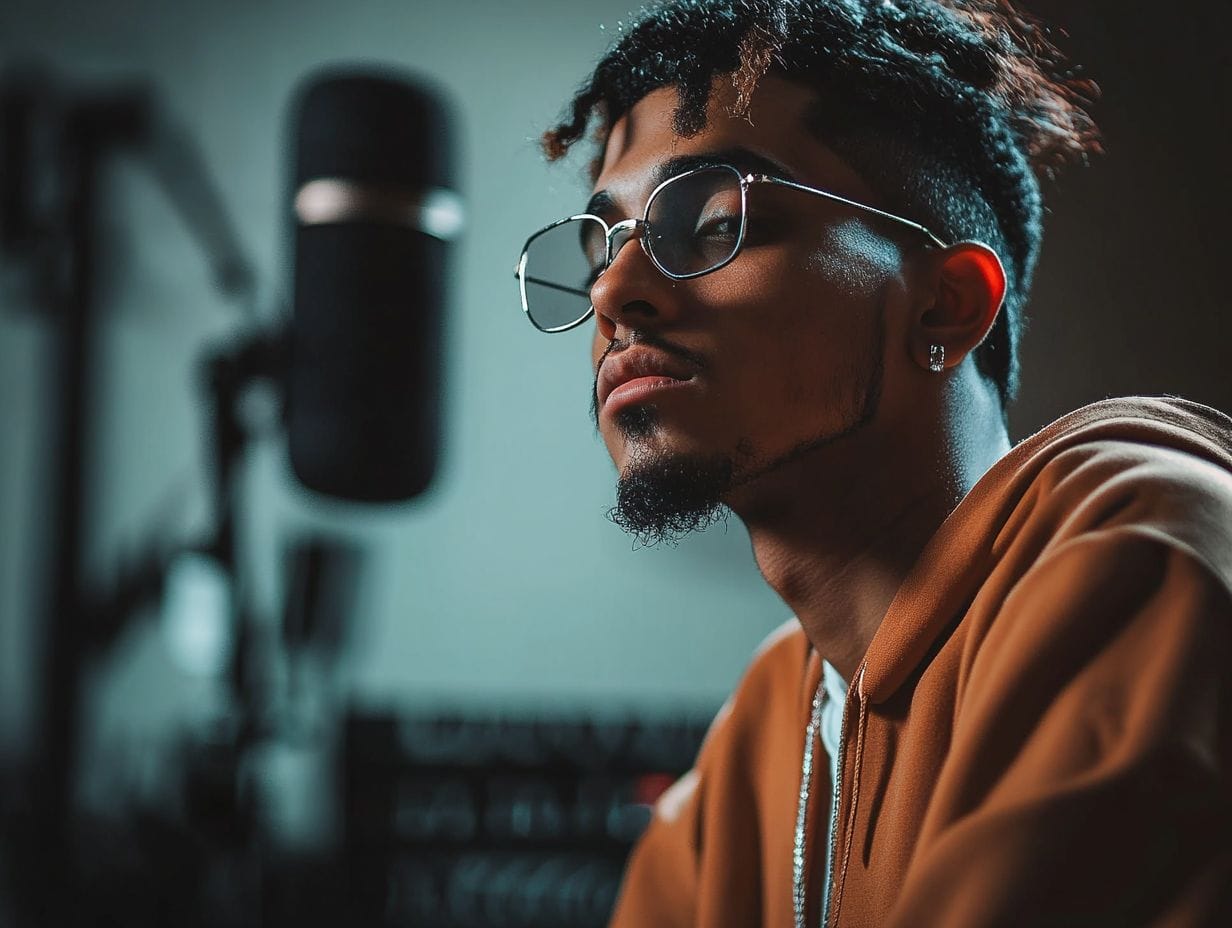 Person in glasses and a brown hoodie sits near a microphone, looking thoughtful. The background is softly blurred.