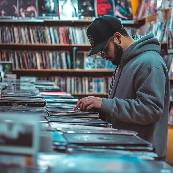 A person wearing a hoodie and cap browses vinyl records in a store lined with shelves of albums, seeking the finest hip-hop beats and instrumentals from OMR Beats.